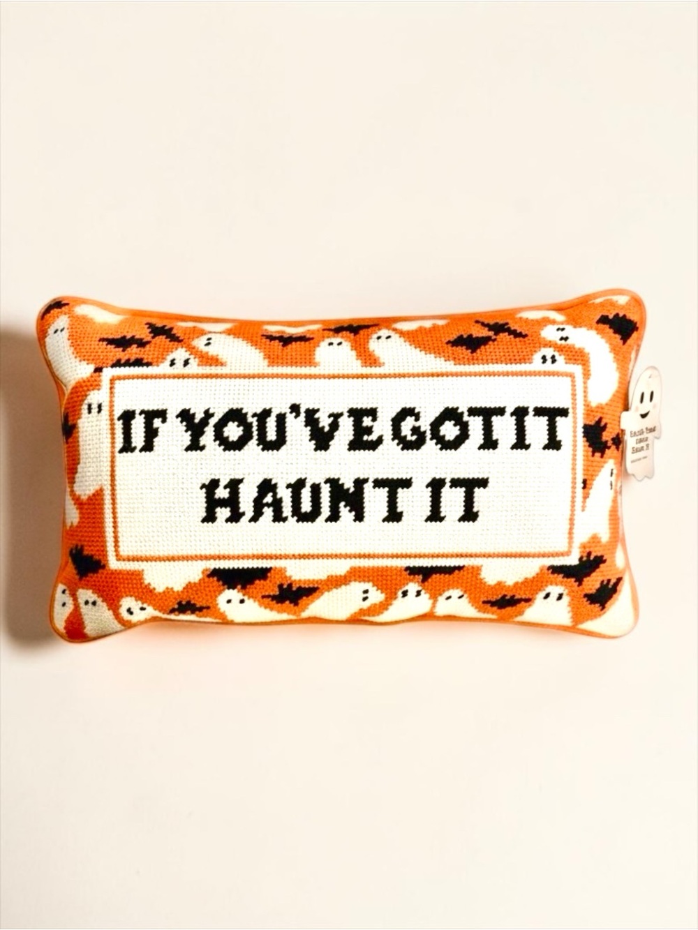 Halloween Ghost Bat Needlepoint Style Lumbar Throw Pillow Orange NWT